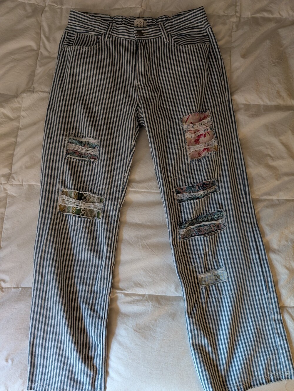POL Blue and White Striped Distressed Cutout Floral Patchwork Jeans Small Boho